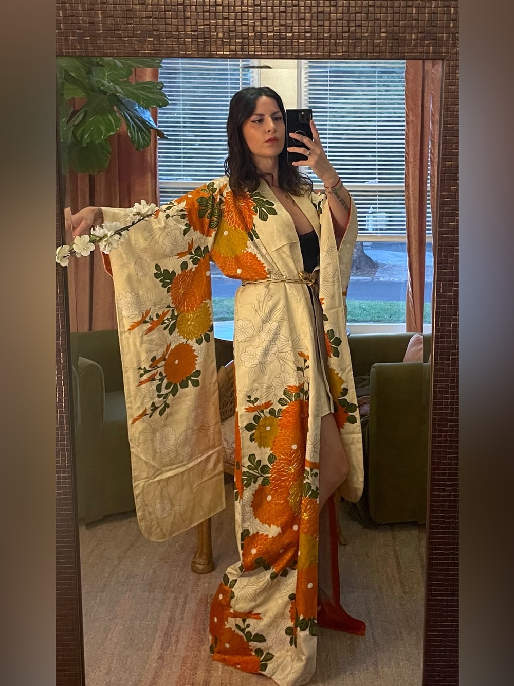 Vintage real silk Japanese kimono damask Rinzu orange gold flowers furisode